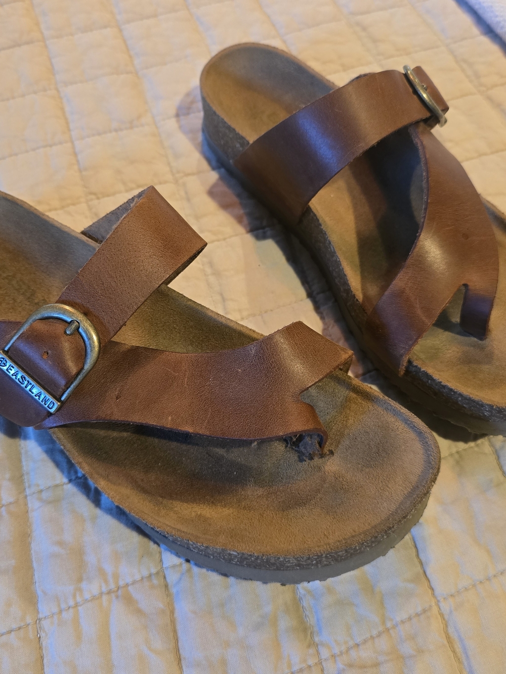 Eastland Brown Leather Two-Strap Slide Sandals with Buckle